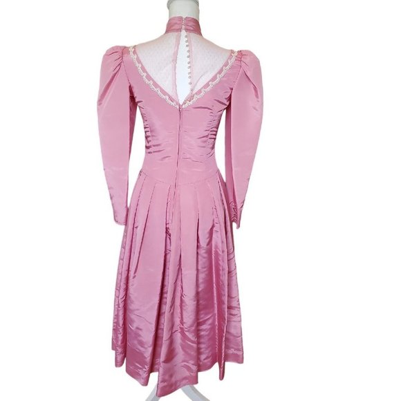 VTG 80s Pink Princess Dress Longsleeve Midi Taffeta Prom Formal Puff Sleeve Sz 4 - Picture 6 of 14